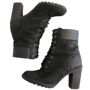 Timberland 7.5 Glancy Women’s Ankle Boots Black Leather Hiking Chunky Heels